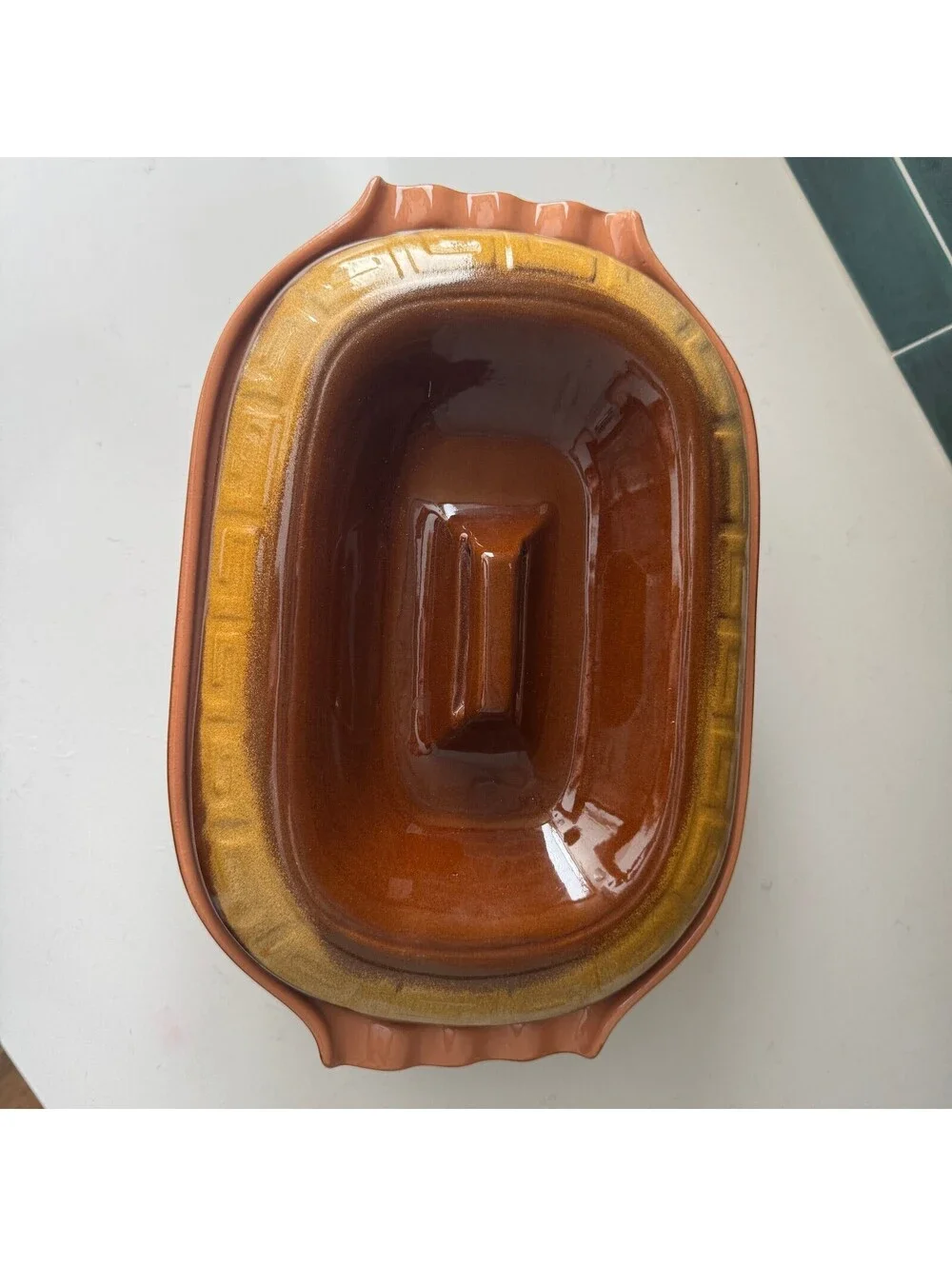 Handmade 5 Qt Glazed Clay Casserole Dish w/ Lid Greek Key Trim Earthy Brown Gold
